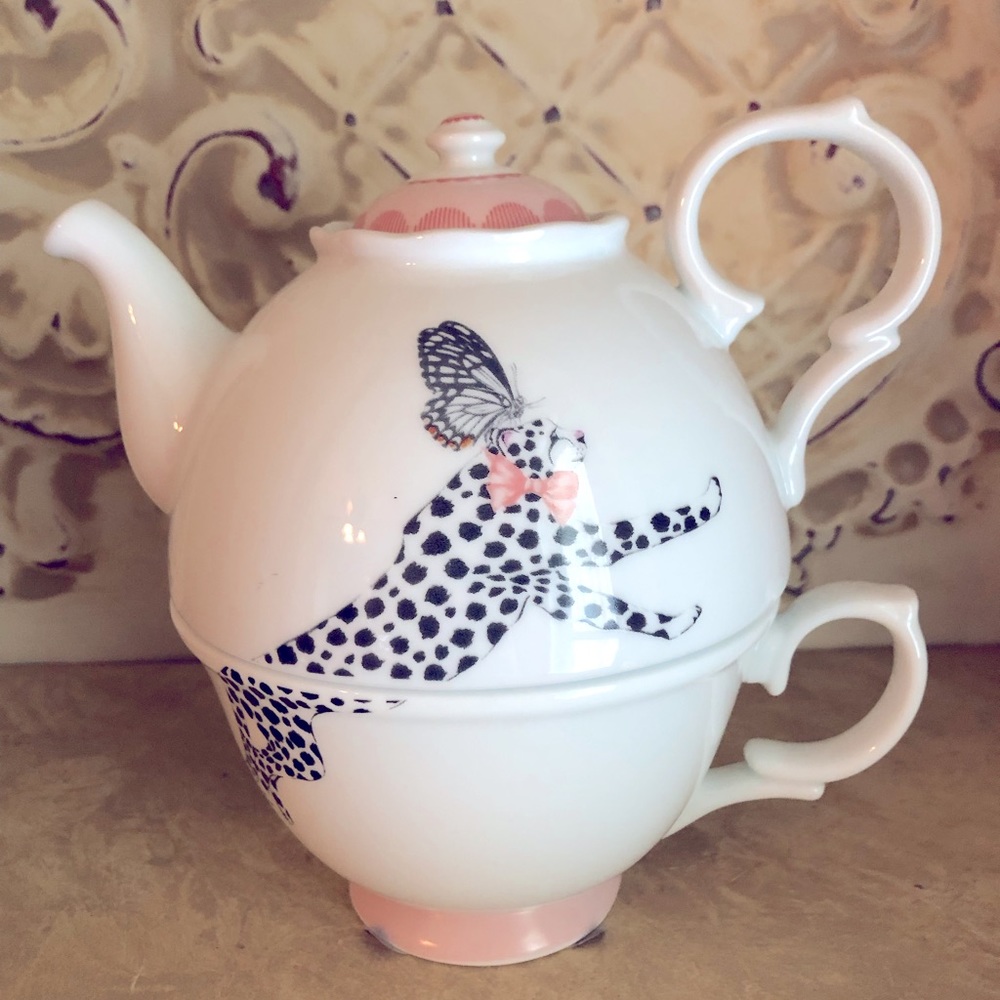 Peach Purr Tea Pot-Tea Cup Combo Stack. Chic Cheetah w Butterfly Hat & Bow MINT!